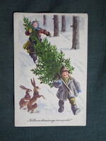 Képeslap,Gönczi Tibor grafikai,művészet,gyerek modell,kisfiú,kislány,nyúl,ünnep,karácsonyi,1958-