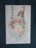 Képeslap,litho,M. S. M. grafika,művészet,gyerek modell,kislány,hinta,1899-