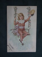 Képeslap,litho,M. S. M. grafika,művészet,gyerek modell,kislány,hinta,1899-