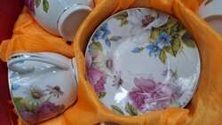 English rose-patterned porcelain coffee or tea set, 6 cups, 6 saucers, flawless