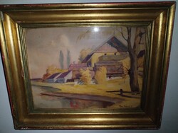Tibai Takács Jenő (1876-1943) - Vízparti ház(Balaton?), gyönyörű régi festmény.
