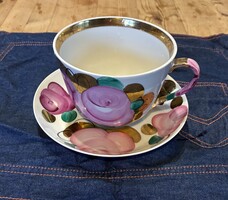Szovjet Dulevo porcelán teáscsésze alátéttel – kézzel festett, virágmintás