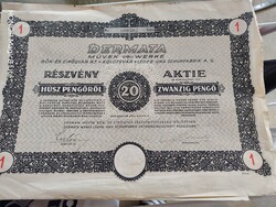 1941 Dermata Művek Kolozsvár 20 Pengős részvény szelvényívvel (Hiányos)