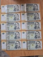 10 db sorszámkövető 20 000 Ft – 2024 – LB sorozat – UNC – 3739360–3739369