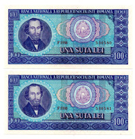 Románia 100 Lei Bankjegy 1966 P97a aUNC-UNC, hajtatlan sorszámkövető pár
