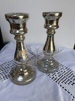 Antique, silvered glass candle holder pair