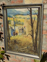 János Lajos Tihanyi: Harvesting. Oil on canvas in original condition, 1930s-40s.