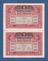 2 Korona 1917 Deutschösterreich bélyegzés UNC Sorszámkövető páros