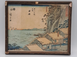 Eredeti Meiji-kor japán fametszet, Utagawa Hiroshige: Tókaidó 53 állomása, 17. Yui, jelzett