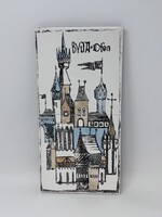 Retró kerámia csempe Iparművészeti vállalat  etikettel- Buda Ofen / Budai vár középkori ábrázolás