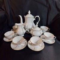 Retro Kahla porcelán kávés / teás készlet – 6 személyes, aranyozott, geometrikus mintás
