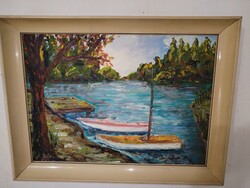 Schéner Mihály (1923-2009) - Őszi vízpart - csodaszép olajfestmény.