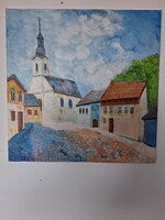 Old town, an attempt to depict an ancient city, acrylic on canvas, 50 x 50 cm, painter János Meczker