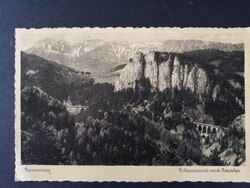 Régi képeslap Ausztria Semmering – Polleroswand és Raxalpe, vasúti viaduktokkal 1936