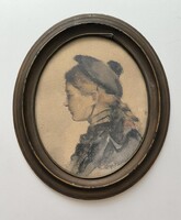Tahi Antal(1855-1902): Lány kalapban. Akvarell festmény.