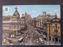 Régi képeslap Madrid, Gran Vía, Metropolis Building and Church of San José, c. 1960s