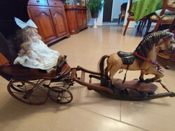 Large Vintage Wooden Horse and Car with Porcelain Doll – Leather and Metal Details