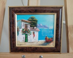Szép mediterrán tengerpart tájkép festmény 19x19 cm kerettel együtt