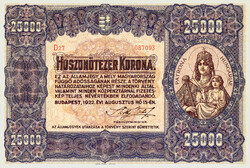 REPLIKA - ÁLLAMJEGY - 25.000 KORONA P69A - 1922 - A "LEPEDŐ" SOROZAT