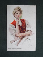 Képeslap,Harrison Fisher grafika,művészet,lány,hőlgy,női modell,sport tenisz ruházat,1909-