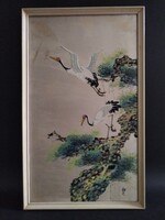 Vintage Japanese silk wall hanging / wall decor (cranes and pine trees)