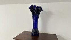 Retro cobalt blue blown glass vase with ruffled edge and torn glass