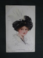 Képeslap,Harrison Fisher grafika,művészet,lány,hőlgy,kalapos női modell,korhű ruházat,divat,1916-