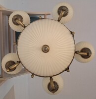 Vintage 5+3 Light Brass Chandelier with Milk Glass Shades (1980s)