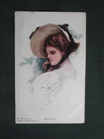 Képeslap,Harrison Fisher grafika,művészet,lány,hőlgy,kalapos női modell,korhű ruházat,divat,1916-