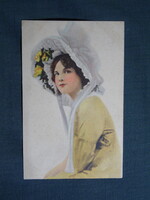 Képeslap,Harrison Fisher grafika,művészet,lány,hőlgy,kalapos női modell,korhű ruházat,divat,1916-