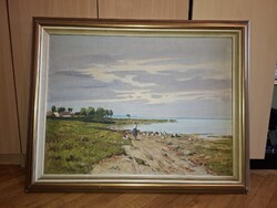 Szignós tájkép festmény, Szépművészeti Szalon, olaj, vászon, 80x60 cm+szép keret