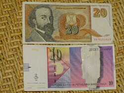 10 DÍNÁR MACEDÓNIA 1996 + 20 DÍNÁR JUGOSZLÁVIA 1994 PAPÍRPÉNZ BANKJEGY