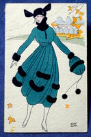 Art deco Maggy Monier  kézi festéssel színezett képeslap -  elegáns hölgy , őszi divat