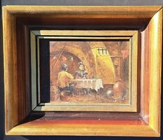 Adriaen van Ostade modorában – Borozó urak pincebelsőben, jelzett olajfestmény