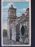 Régi képeslap San Antonio – Mission San José templom és torony, Texas
