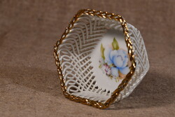 Porcelain pierced vase with candy dish, flower decoration, gold plating Romania 1980s