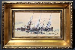 Sailing Ships on Lake Balaton - oil painting in a beautiful frame! By A. Weintrager - landscape, ships