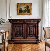 Antik flamand,felújított neoreneszánsz faragott tölgyfa komód / tálalószekrény