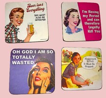 Retro USA Pin-up Girl Paper Cork Coasters Set of 4 with Beer Humor and Sarcastic Writings