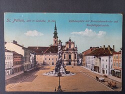 Antik képeslap Monarchia St. Pölten, Városháza tér, ferences templom, Szentháromság-oszlop, 1916