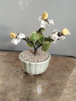 Handmade vintage Chinese jade and glass bonsai tree in glazed pot - 1970s-1980s