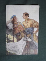 Képeslap,Sergey Solomko grafikai,művészet,férfi,lány,női modell,népviselet ruházat,romantika,1916-