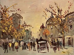 Bánfi József (1936-) Őszi nyüzsgés - budapesti utcakép ábrázolás