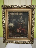 Gy. Sándor József (1887-1936): Kézimunkázó idős asszony - Korai olajfestmény antik aranyozott keret