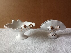 Vintage white-gold porcelain/ceramic serving tray and napkin holder set
