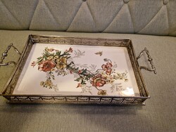 Metal-framed, porcelain-inlaid Art Nouveau patterned large antique tray