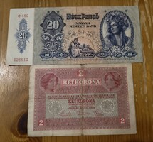 20 Pengő (1941) és 2 Korona (1912) Osztrák-Magyar Bank szett