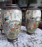 Antik japán Satsuma váza-pár, 25 cm, kézzel festett, jelzett
