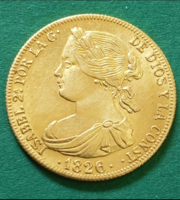 Spanish Colonial 1826 Gold Coin, 900 Fine, 8.1g, 100 Reales, Extra Condition, UV