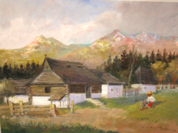 BEAUTIFUL GUARANTEED ORIGINAL GÁDOR EMIL / 1911-1998 / : VILLAGE IN THE TATRA MOUNTAINS